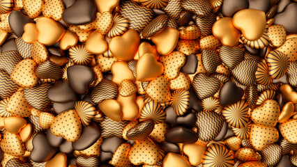 Golden and chocolate hearts background for Valentine's Day. Pile of hearts. Romantic backdrop. 3d render illustration