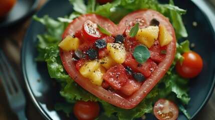 A heart-shaped salad made from fresh vegetables, a creative and healthy dish.