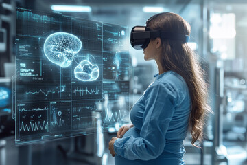 pregnant woman using virtual reality technology to explore prenatal education, surrounded by digital brain graphics and data visualizations, showcasing innovation in maternal health