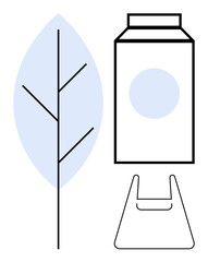 Simple blue leaf, black outline of a milk carton, and a plastic bag. Ideal for environment, recycling, waste management, sustainability, minimalism eco-friendly lifestyle awareness. Abstract line