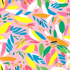 Fototapeta premium Colorful abstract floral pattern featuring vibrant leaves and shapes on a soft pink background in modern design style