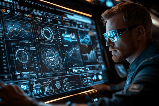 marketer analyzing social media trends on futuristic interface, showcasing data visualization and analytics. atmosphere is high tech and engaging