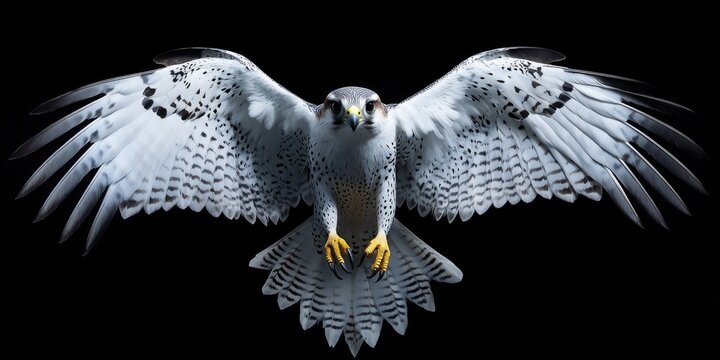 A majestic falcon in flight, showcasing its wingspan and powerful gaze.