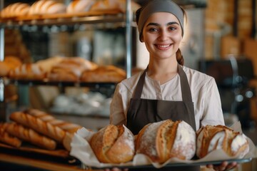 Proud happy female baker displays a tray of freshly baked bread in a cozy bakery setting
