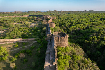 Fototapeta premium aerial view of outer walls of Rohtas fort, old vintage walls of medieval castle
