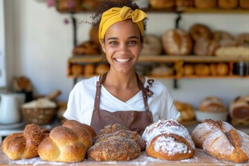 Proud baker showcases a beautiful assortment of freshly baked bread in a cozy bakery setting