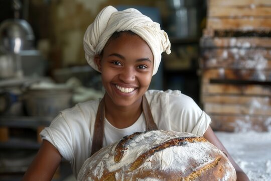 Diverse female baker proudly presents her freshly baked artisan bread in a cozy bakery setting