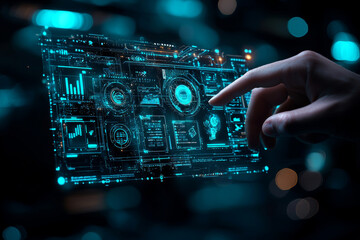 Fototapeta premium person interacting with futuristic digital interface displaying data analytics and graphs. glowing blue elements create high tech atmosphere, emphasizing innovation and technology