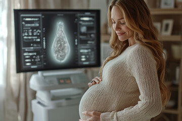 pregnant woman in high tech lab admiring her ultrasound image, showcasing blend of technology and maternal joy