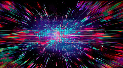Retro 8-bit arcade style, colorful static noise, sharp flickering distortions, digital interference. Dynamic pixelated lines on black background with RGB glitch