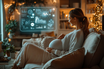 pregnant woman sitting on couch, interacting with holographic display showing health data and statistics. cozy room is decorated with warm lights, creating serene atmosphere