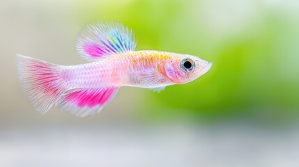 Fototapeta premium Colorful pink and white guppy fish swimming in a bright freshwater aquarium with a soft green bokeh background.