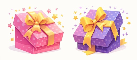 Obraz premium Two simple flat vector gift box icons side by side, one pink with polka dots and a bow, the other purple with a yellow ribbon 