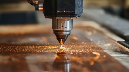 Innovative industrial laser engraving machine cutting a metal sheet with high precision, creating sparks and reflections, showcasing advanced manufacturing technology