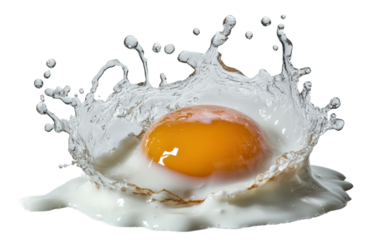 Egg splashing in water creating dynamic droplets isolated on transparent background