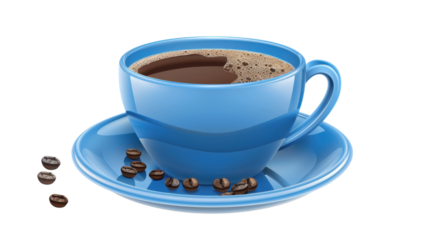 Blue coffee cup with coffee beans on transparent background