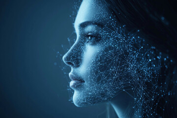 surreal representation of consumer mind, showcasing woman profile intertwined with digital connections and networks, evoking sense of technology and introspection