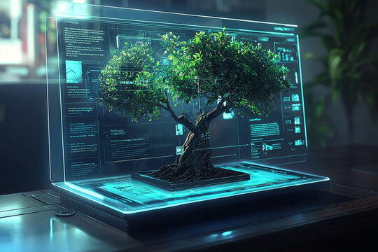 futuristic display of digital tree model with holographic interface, showcasing technology and nature integration. scene evokes sense of innovation and harmony