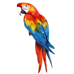 Obraz premium Colorful scarlet macaw parrot with vibrant feathers perched on branch isolated png