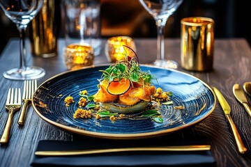 An elegant gourmet dish beautifully presented on a sophisticated dining table.