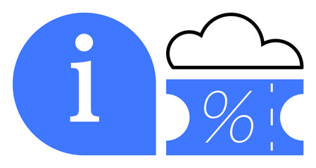 Obraz premium Lowercase i in blue speech bubble next to cloud simbol and percentage sign on a ticket. Ideal for online offers, digital discounts, cloud services, e-commerce, promotions, customer service, tech