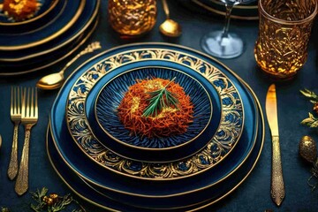 Elegant plated gourmet dish on luxurious dinner table setting.