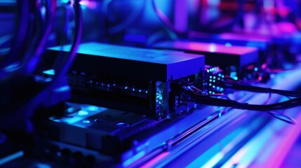 Close up of cryptocurrency mining hardware operating at full capacity, illuminated by vibrant blue and purple lights, showcasing the innovative production process