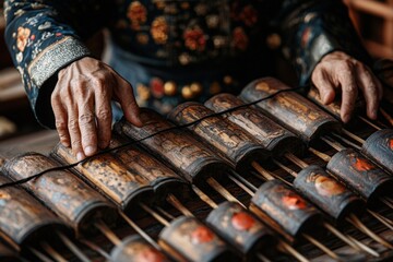 Artisan crafting traditional musical instrument in workshop.