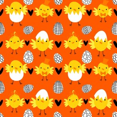 Obraz premium Easter chicken and eggs seamless birds pattern for wrapping paper and fabrics