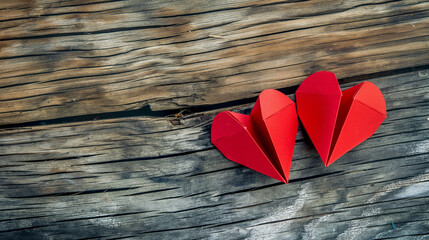 Valentines day background with two red paper hearts on wooden background