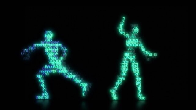 Two dancers made from digital data in 4k resolution
