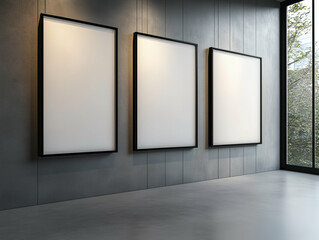 Empty picture frames on gallery wall. Three empty picture frames hang on a gallery wall in a modern art display space