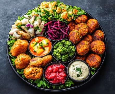 A vibrant vegetarian platter with assorted dips and snacks for gatherings.
