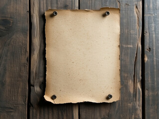 Old paper on wooden background. Vintage paper nailed to wooden wall. Old paper texture