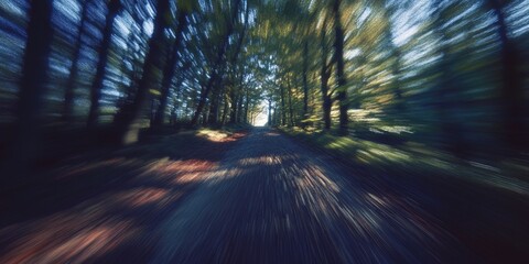 A blurry image of a forest road with trees in the background. The road is empty and the trees are in the foreground