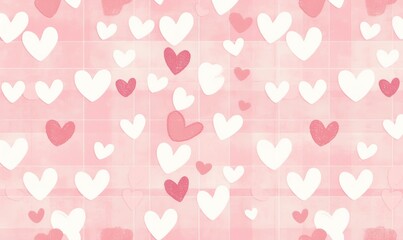 Valentine's Day background with pink gingham pattern and white hearts
