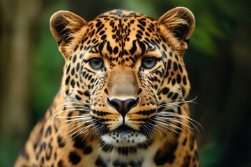 Fototapeta premium The intense look of a leopard. Close-up facial portrait with jungle background.