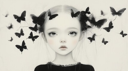 Enigmatic girl surrounded by black butterflies in a dreamlike setting showcasing delicate beauty and intrigue