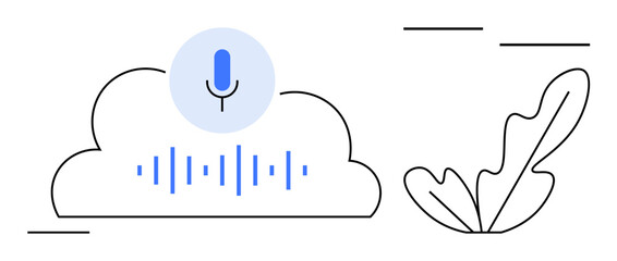 Obraz premium Microphone icon above a cloud with sound wave patterns, accompanied by simple line art foliage. Ideal for cloud storage, voice data, AI, machine learning, audio processing, speech recognition