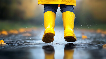 Bright yellow boots splash through puddles in a rainy autumn park filled with fallen leaves and a soft golden light during the early afternoon