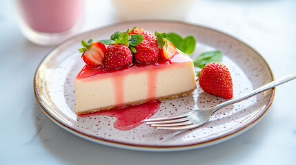 Delicious cheesecake topped with fresh strawberries served on a stylish plate in bright lighting, showcasing a tempting dessert experience