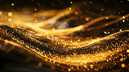 Abstract golden wave with shimmering particles creating a dynamic visual effect.