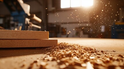 Wood sawdust flying through the air after cutting a plank of wood, with two pieces of wood stacked on a workbench in a carpenter's workshop, lit by warm sunlight