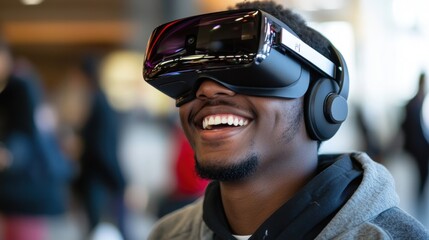 Young man wearing virtual reality headset is smiling and experiencing innovative metaverse technology, enjoying immersive simulation in educational context