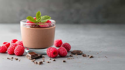 Delicious chocolate mousse served with fresh raspberries and mint leaves on a minimalist gray background
