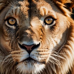 Obraz premium Lion eyes reveal vibrant amber color and powerful expression. Animal is calm yet alert, embodying its wild nature amidst greenery. Detailed fur and fierce gaze in a natural habitat. Generative AI.