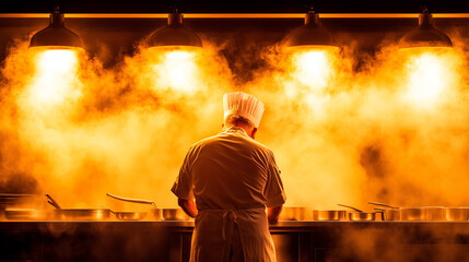 Obraz premium Chef preparing a gourmet meal in a vibrant kitchen filled with steam and warm lighting during an evening service