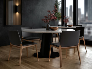 Dining table with modern dining chairs in interior design. Modern dining table with black chairs and wooden legs