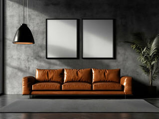 Brown leather sofa in modern interior with two framed posters on the wall. Stylish couch with black lamp and green plant