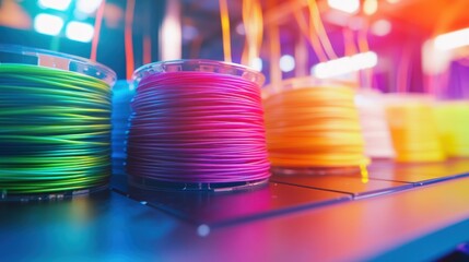 Spools of vibrant 3d printing filaments stand ready, showcasing a spectrum of colors under dynamic lighting, highlighting the potential of additive manufacturing